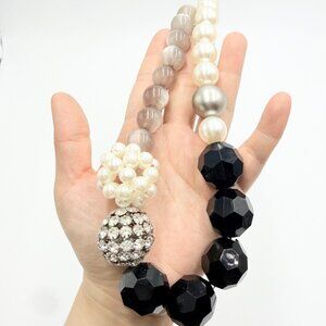 1946 Statement Necklace Mixed Beads Pearl Rhinestone Black Beige